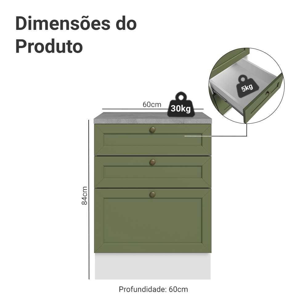 Balcão de Cozinha 60 x 60 cm 3 Gavetas (Com Tampo) Branco/Verde Vik Madesa