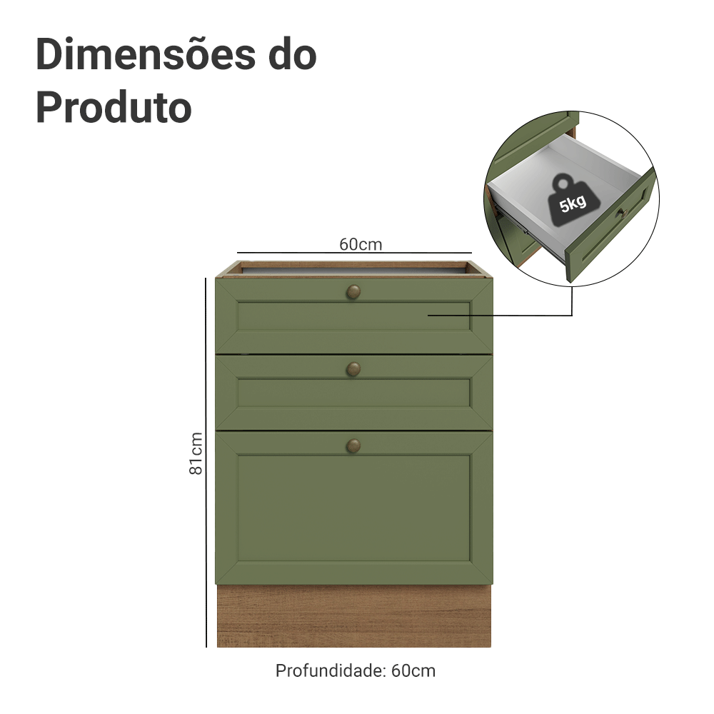 Balcão de Cozinha 60 x 60 cm 3 Gavetas (Sem Tampo) Rustic/Verde Vik Madesa