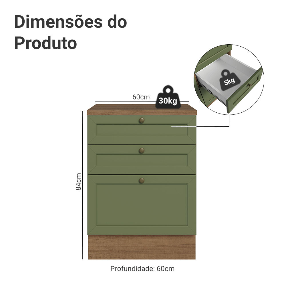 Balcão de Cozinha 60 x 60 cm 3 Gavetas (Com Tampo) Rustic/Verde Vik Madesa