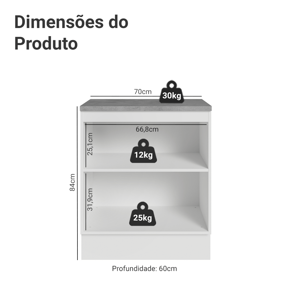 Balcão de Cozinha Madesa Agata 70 x 60 cm 2 Portas (Com Tampo) Branco