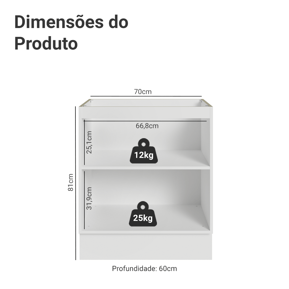 Balcão de Cozinha 70 x 60 cm 2 Portas (Sem Tampo) Branco/Crema Vik Madesa