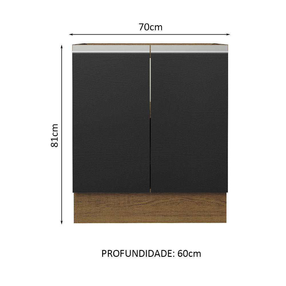 Balcão Cozinha 70 x 60 cm 2 Portas (Sem Tampo) Rustic/Preto Glamy Madesa