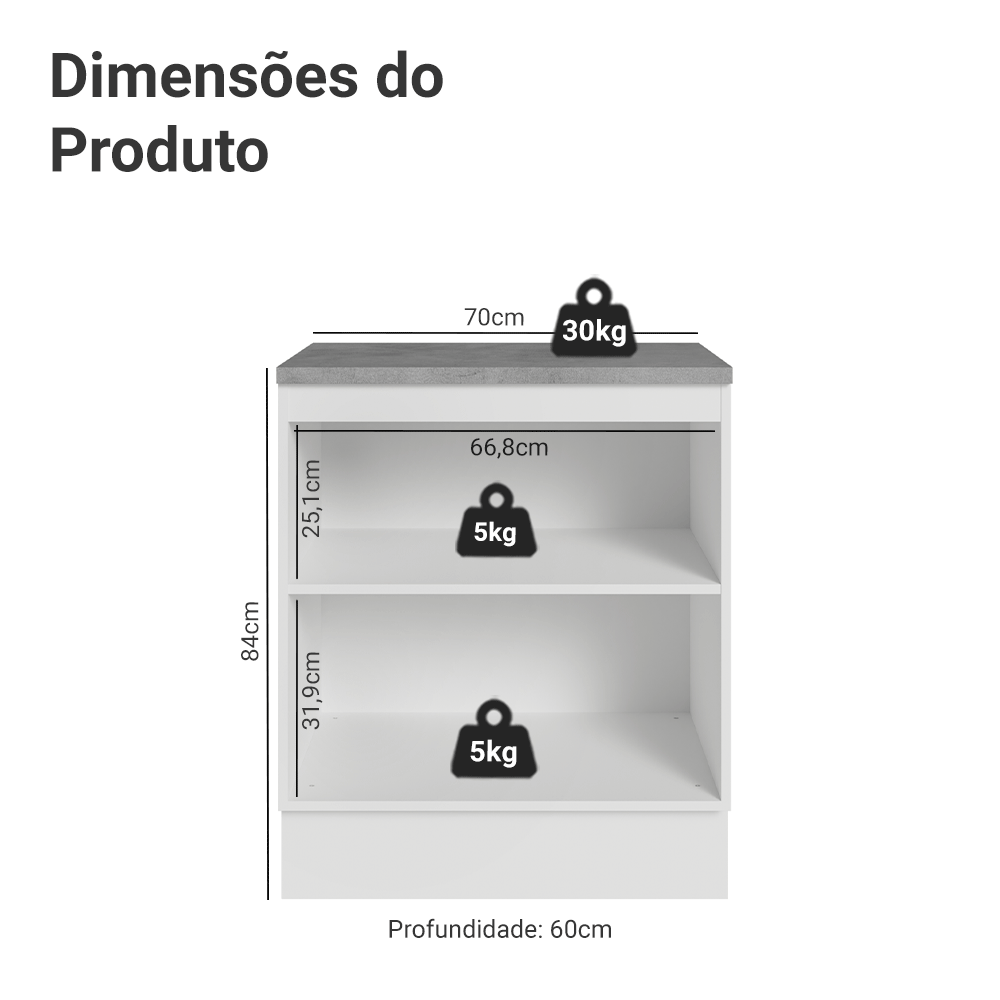 Balcão de Cozinha 70 x 60 cm 2 Portas (Com Tampo) Branco/Cinza Lux Madesa