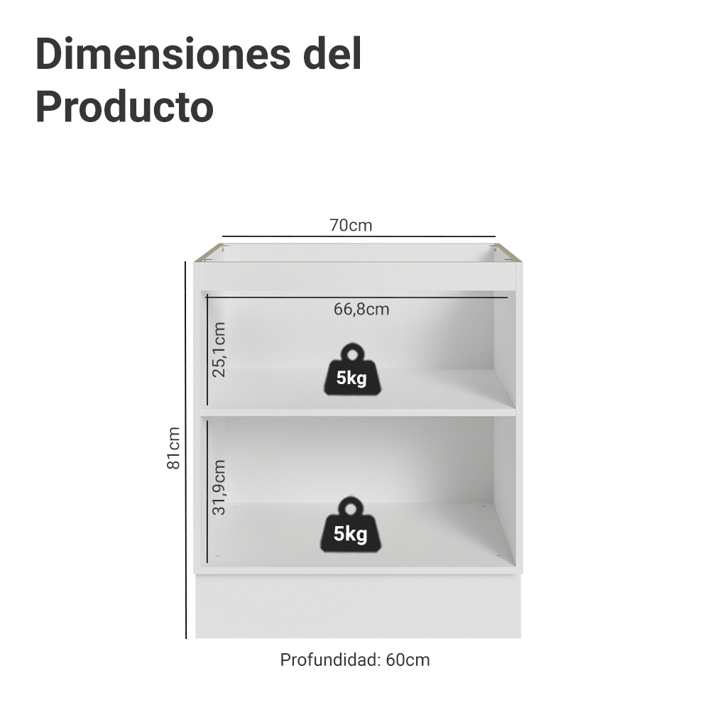 Balcão de Cozinha 70 x 60 cm 2 Portas (Sem Tampo) Branco/Cinza Vik Madesa