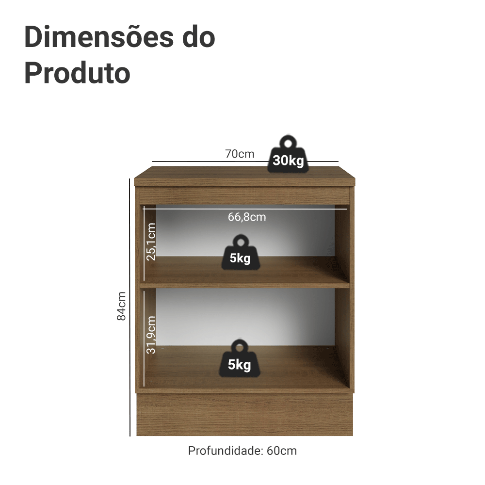 Balcão de Cozinha 70 x 60 cm 2 Portas (Com Tampo) Rustic/Branco Veludo Lux Madesa