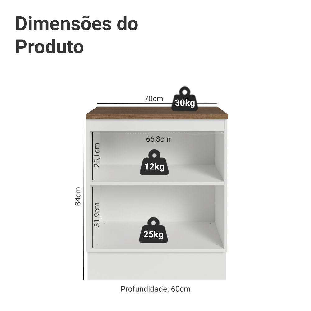 Balcão de Cozinha 70 x 60 cm 2 Portas Branco Tampo Rustic Agata Madesa