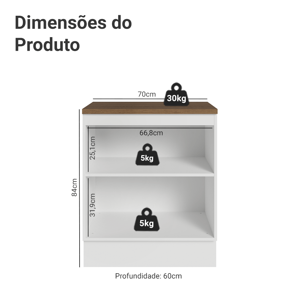 Balcão de Cozinha 70 x 60 cm 2 Portas (Com Tampo) Branco/Rustc Vik Madesa