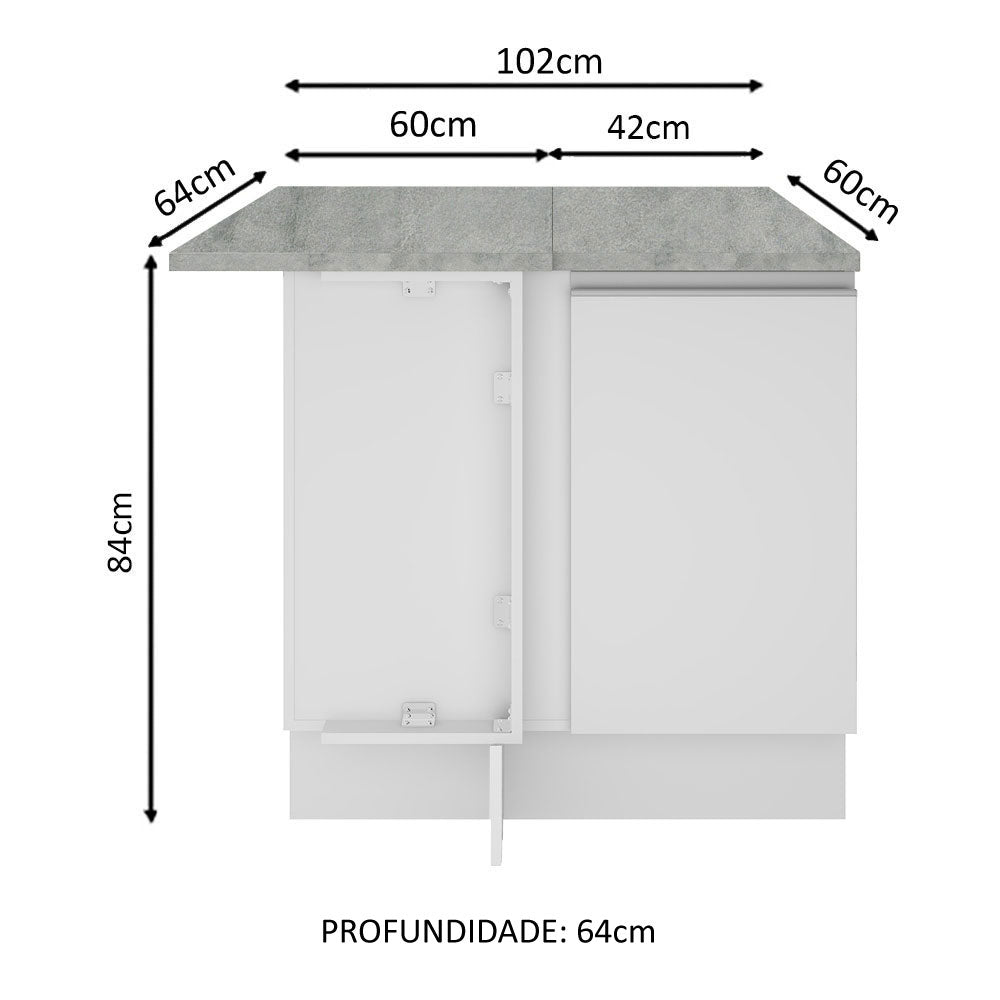 Balcão de Canto Madesa Glamy 1 Porta 60 cm Profundidade (Com Tampo) Branco