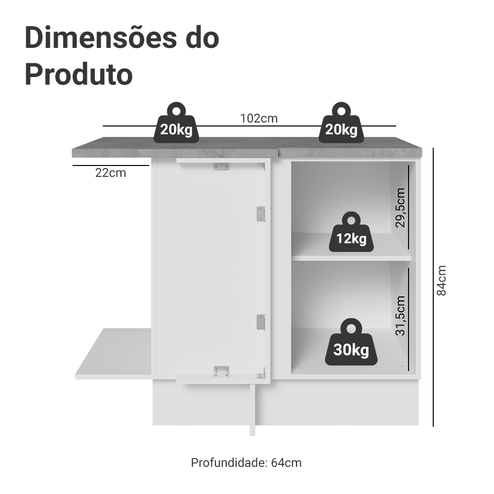 Balcão de Canto para Linha de 60 cm Profundidade (Com Tampo) Branco/Crema Vik Madesa
