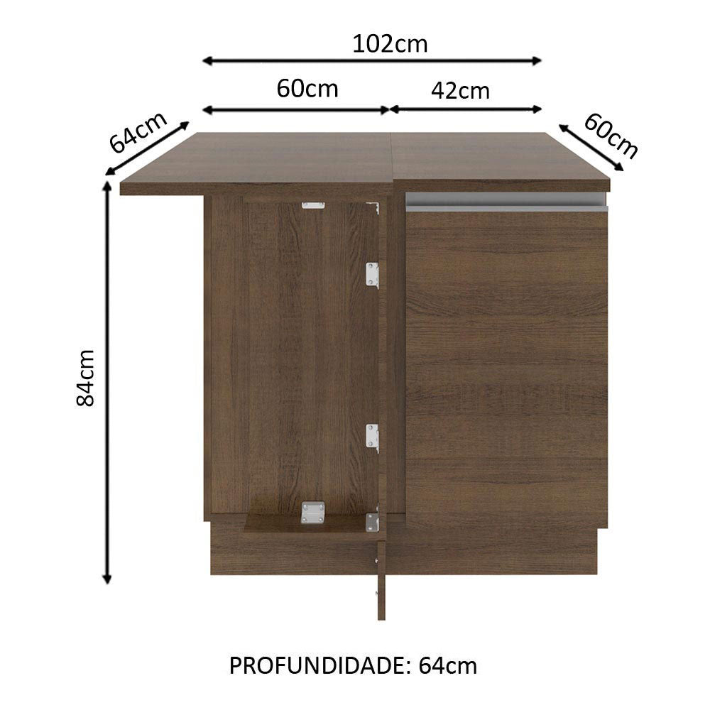 Balcão de Canto Madesa Glamy 1 Porta 60 cm Profundidade (Com Tampo) Rustic