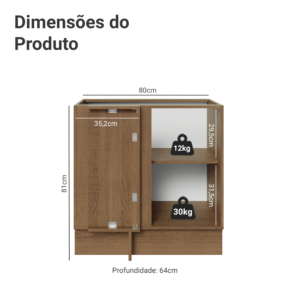 Balcão de Canto para Linha de 60 cm Profundidade (Sem Tampo) Rustic/Branco Vik Madesa