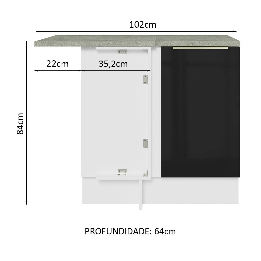 Balcão de Canto para Linha de 60 cm de Profundidade 1 Porta (Com Tampo) Branco/Preto Lux Madesa