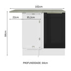 Balcão de Canto para Linha de 60 cm de Profundidade 1 Porta (Com Tampo) Branco/Preto Lux Madesa