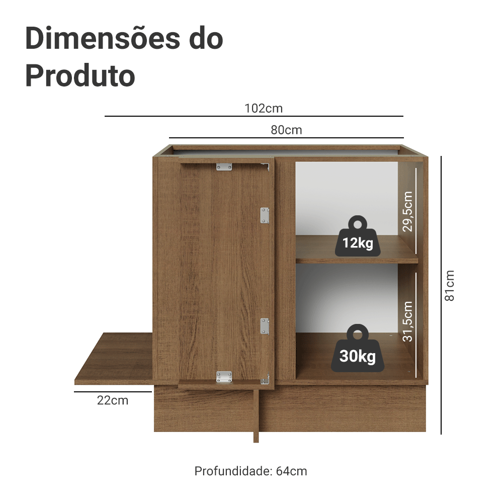 Balcão de Canto Madesa Agata 1 Porta 60 cm Profundidade (Sem Tampo) Rustic/Preto