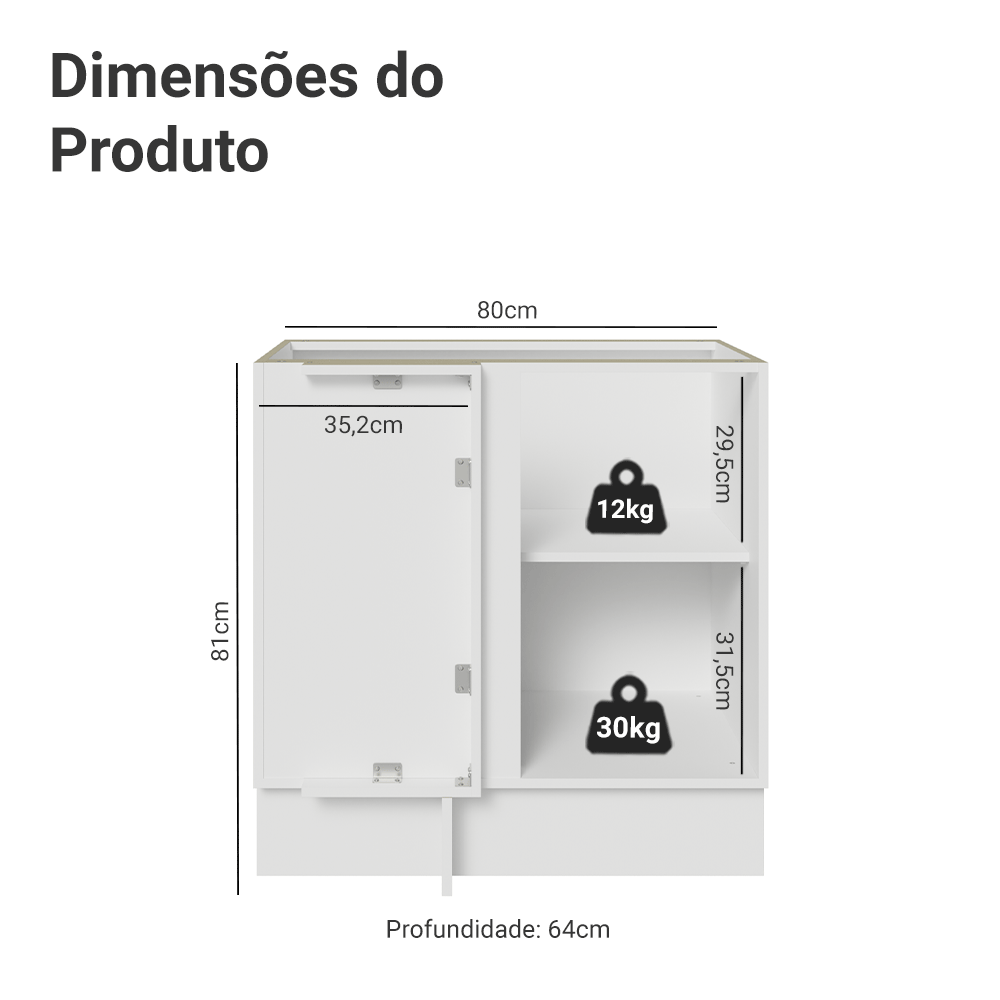 Balcão de Canto para Linha de 60 cm Profundidade (Sem Tampo) Branco/Cinza Vik Madesa