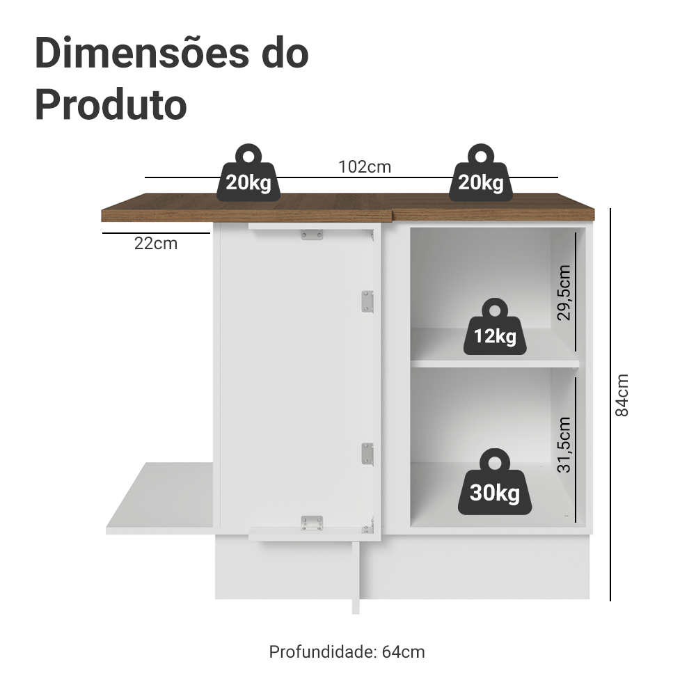 Balcão de Canto 102 x 60 cm 1 Porta Branco Tampo Rustic Agata Madesa