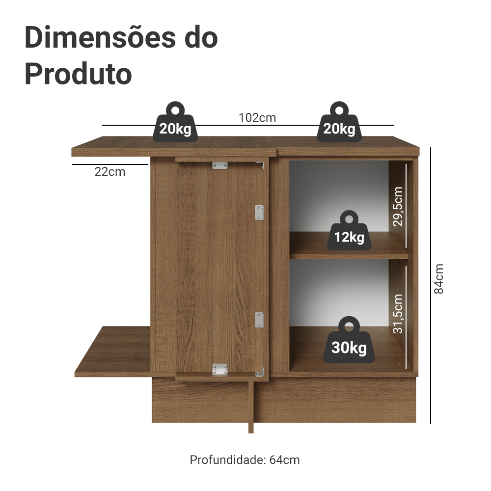 Balcão de Canto para Linha de 60 cm Profundidade (Com Tampo) Rustic/Azul Vik Madesa