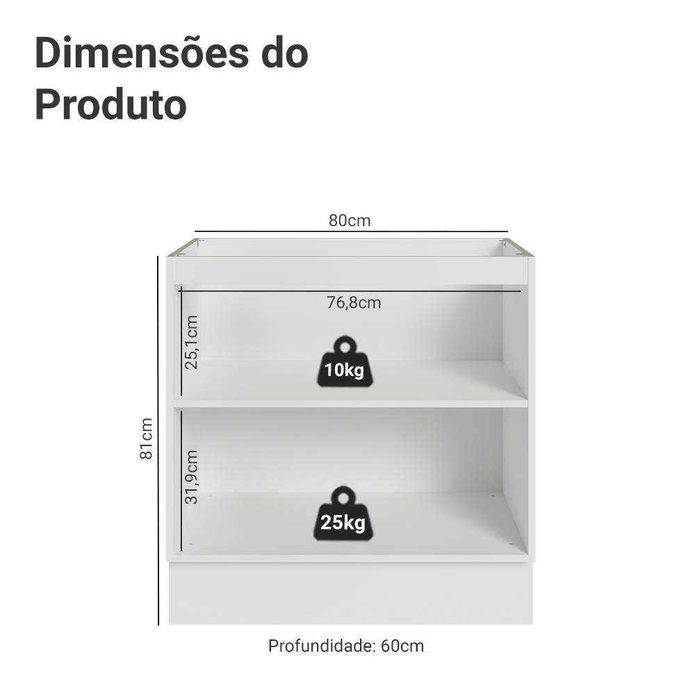 Balcão de Cozinha 80 x 60 cm 2 Portas (Sem Tampo) Branco Vik Madesa