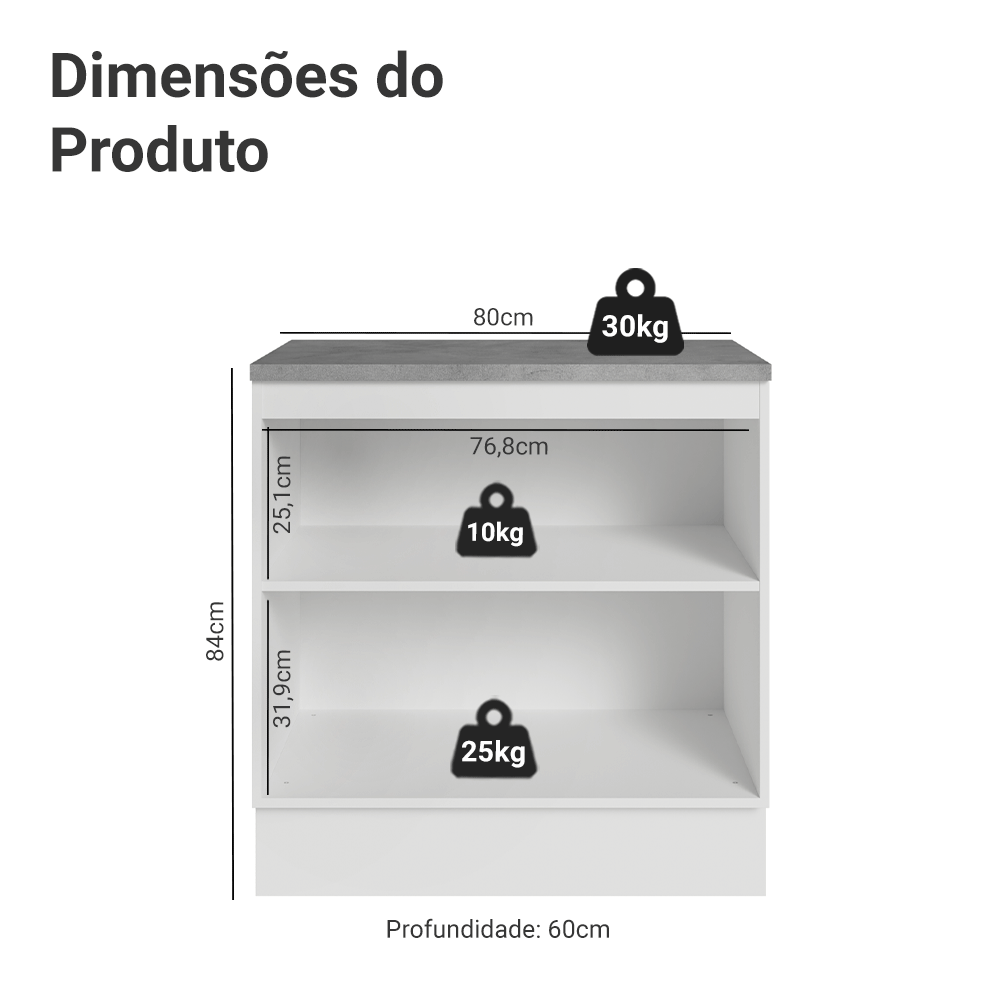 Balcão de Cozinha 80 x 60 cm 2 Portas (Com Tampo) Branco/Crema Vik Madesa