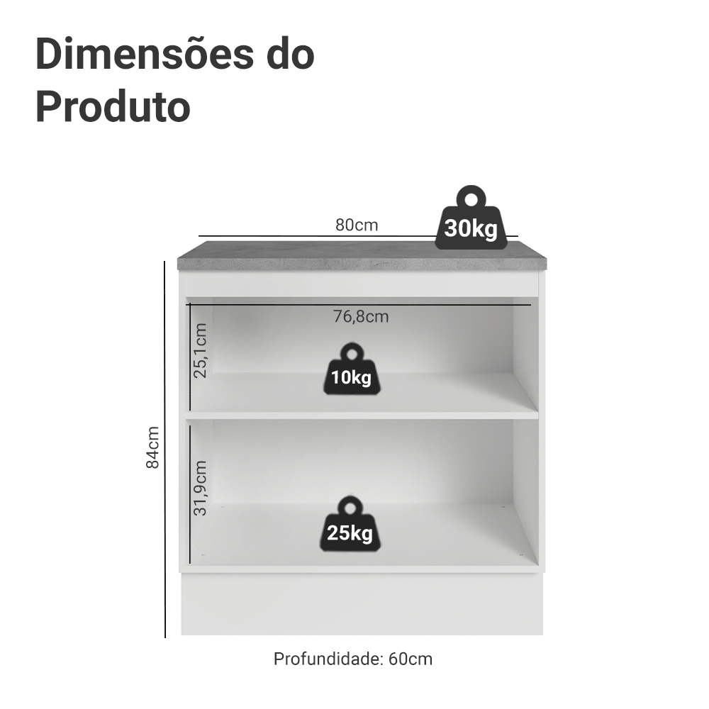 Balcão 80 x 60 cm 2 Portas (Com Tampo) Branco/Preto Lux Madesa
