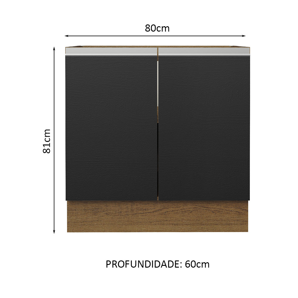Balcão Cozinha 80 x 60 cm 2 Portas (Sem Tampo) Rustic/Preto Glamy Madesa