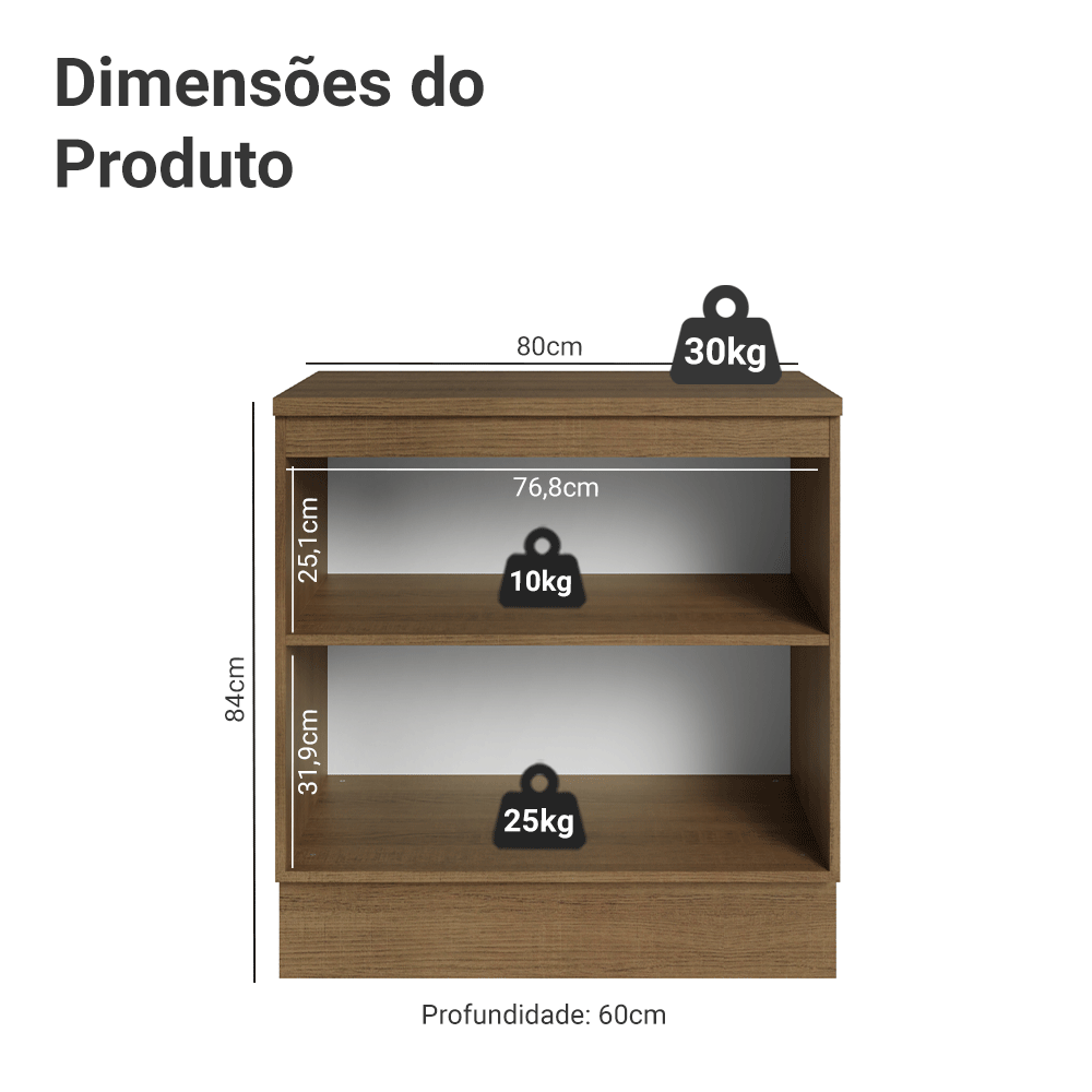 Balcão 80 x 60 cm 2 Portas (Com Tampo) Rustic/Preto Lux Madesa
