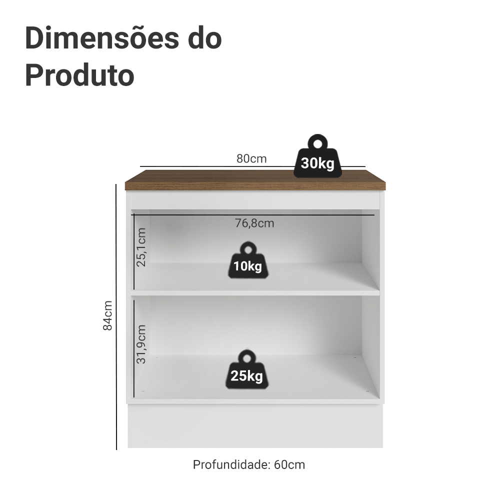Balcão de Cozinha 80 x 60 cm 2 Portas Branco Tampo Rustic Agata Madesa