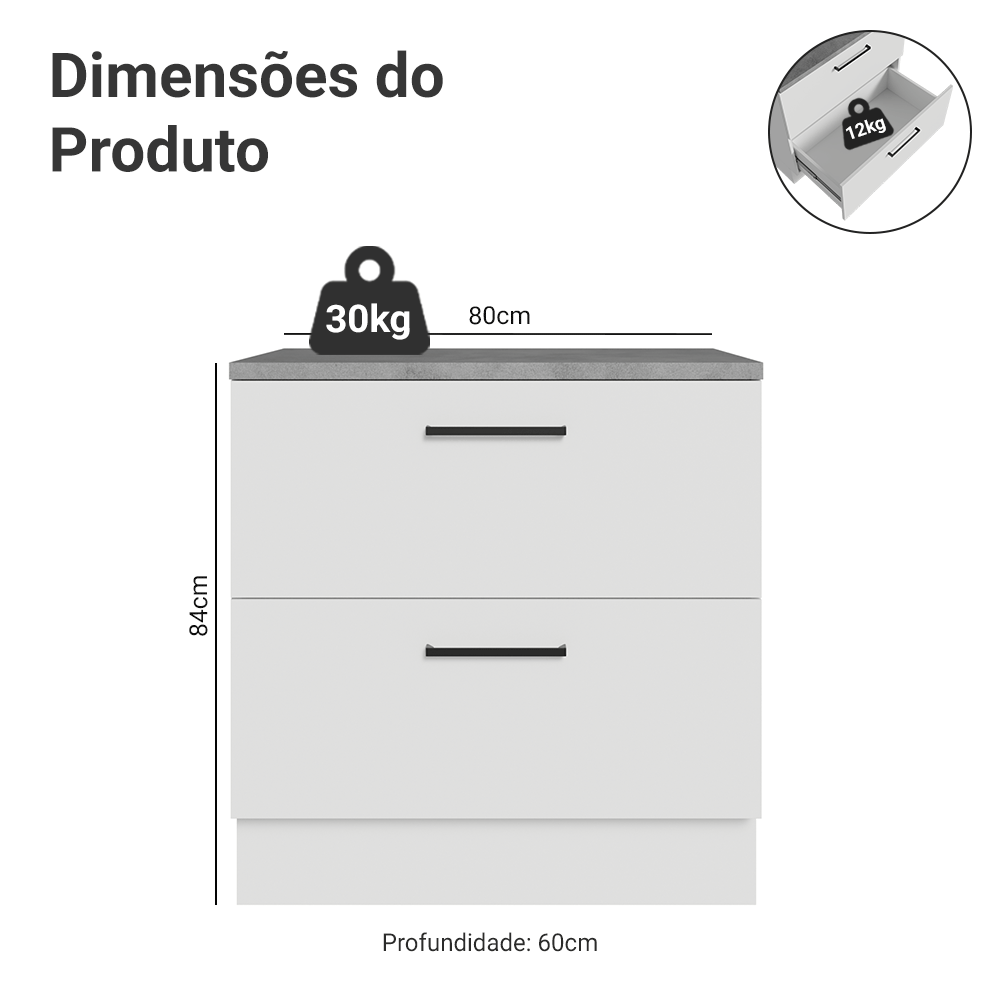 Balcão de Cozinha 80 x 60 cm 2 Gavetas (Com Tampo) Branco Agata Madesa