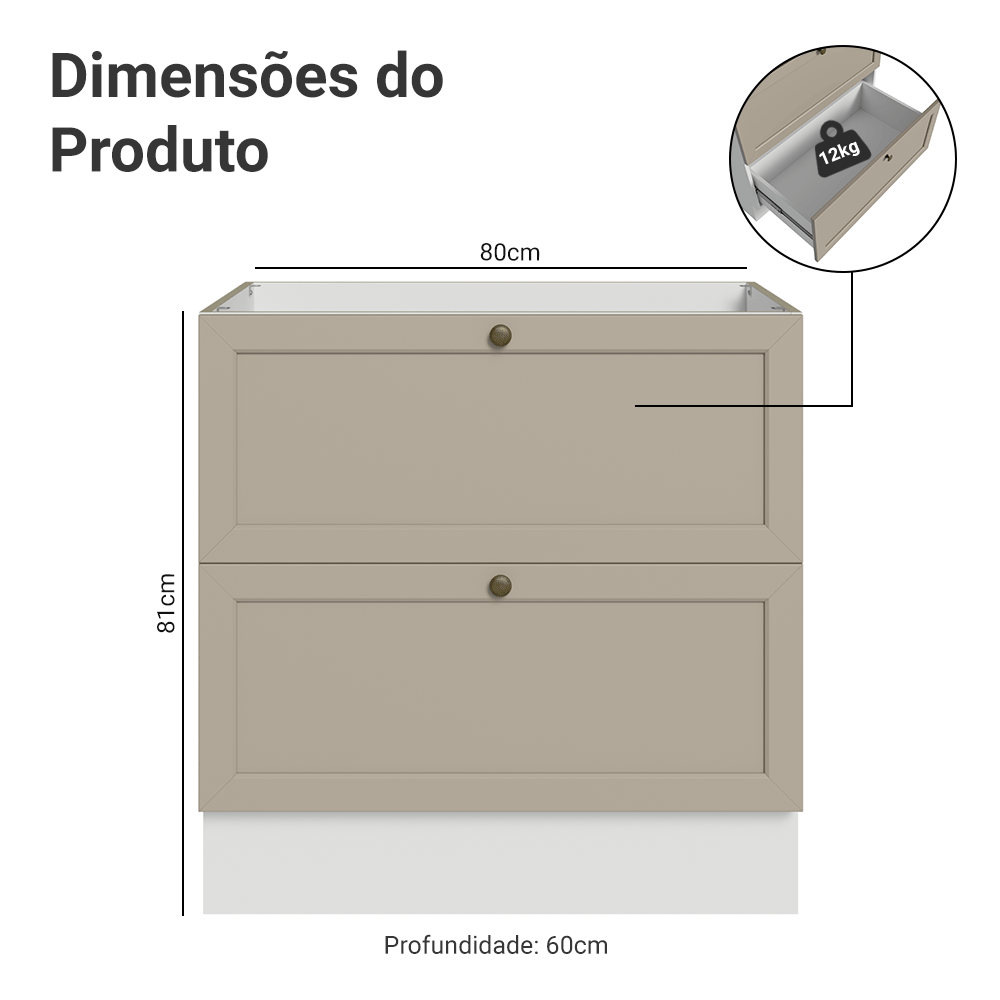 Balcão de Cozinha 80 x 60 cm 2 Gavetas (Sem Tampo) Branco/Crema Vik Madesa