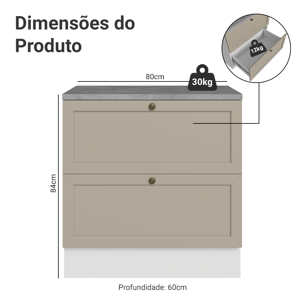 Balcão de Cozinha 80 x 60 cm 2 Gavetas (Com Tampo) Branco/Crema Vik Madesa