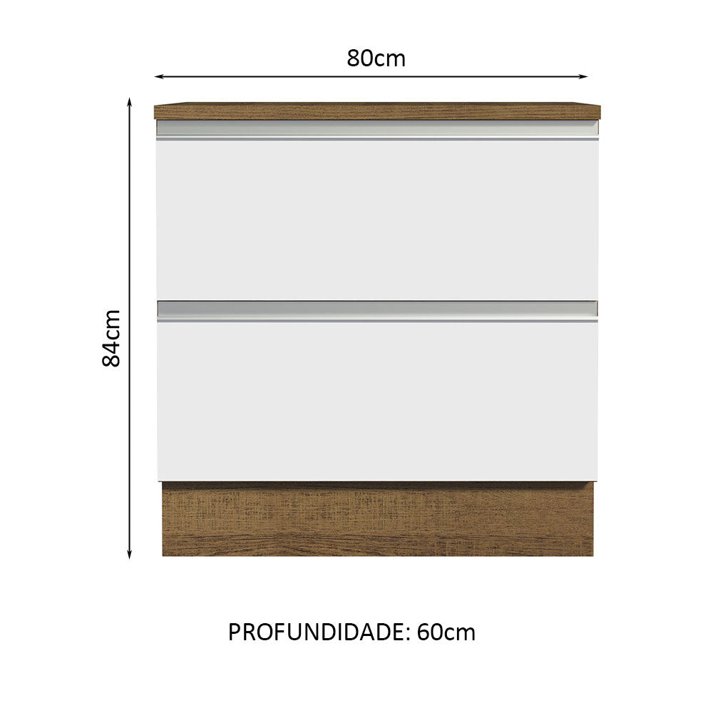 Balcão de Cozinha 80 x 60 cm 2 Gavetas (Com Tampo) Rustic/Branco Glamy Madesa