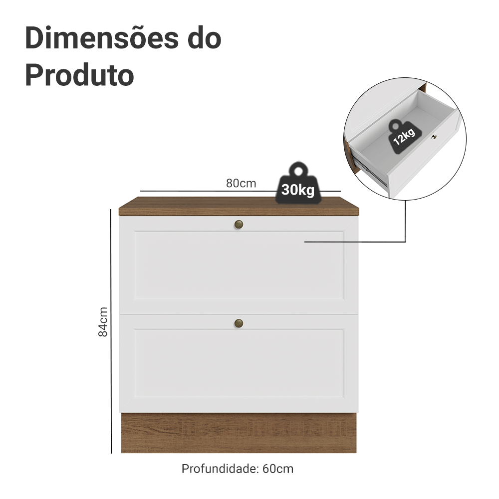 Balcão de Cozinha 80 x 60 cm 2 Gavetas (Com Tampo) Rustic/Branco Vik Madesa
