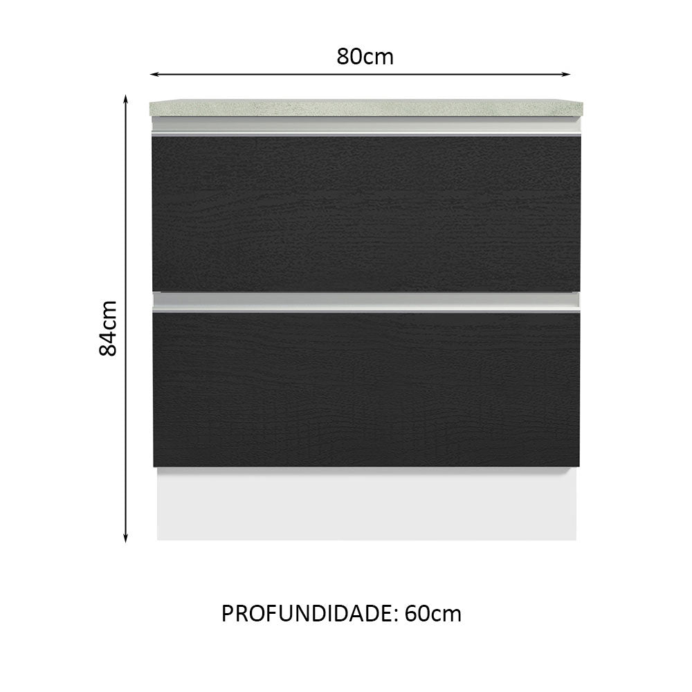 Balcão de Cozinha 80 x 60 cm 2 Gavetas (Com Tampo) Branco/Preto Glamy Madesa