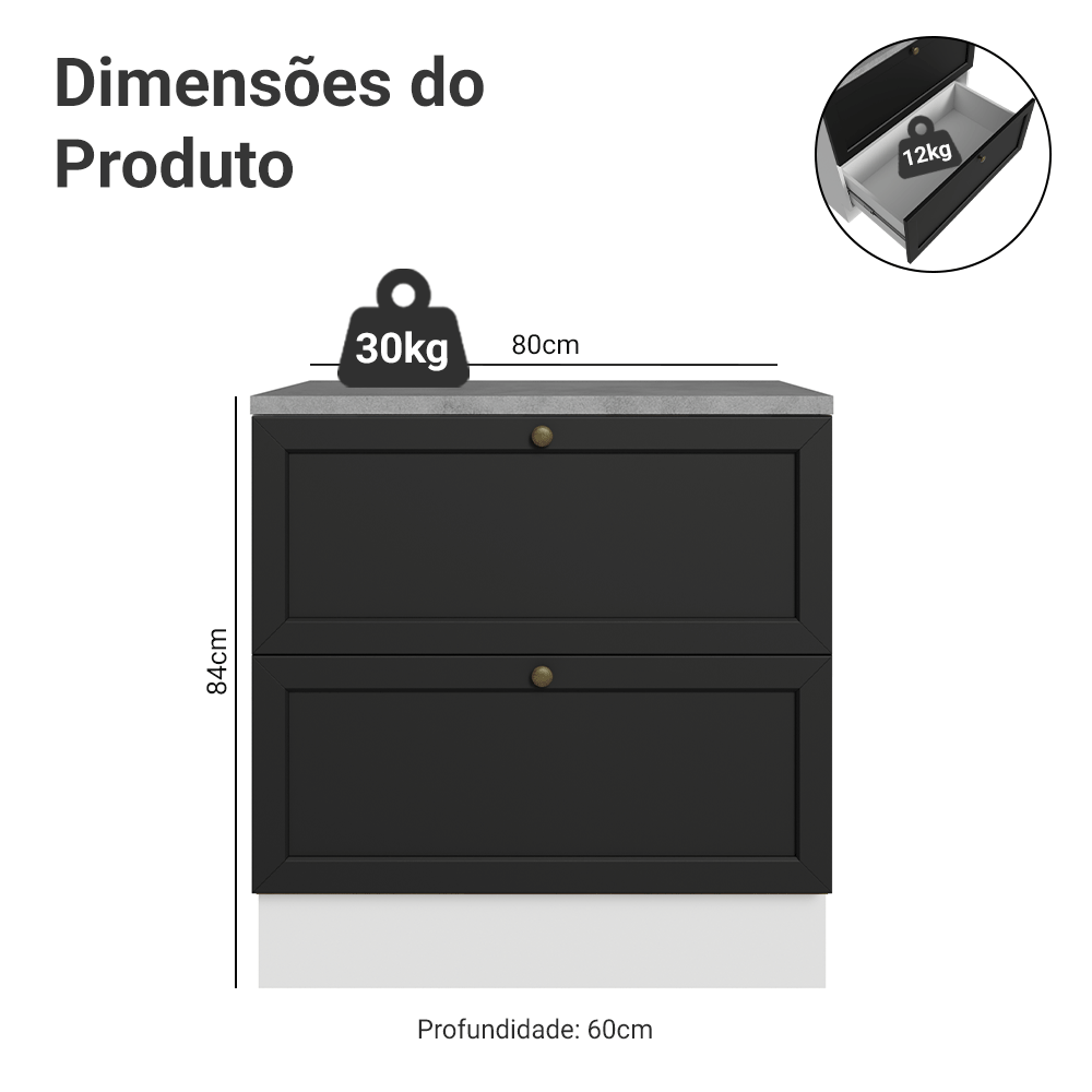 Balcão de Cozinha 80 x 60 cm 2 Gavetas (Com Tampo) Branco/Preto Vik Madesa
