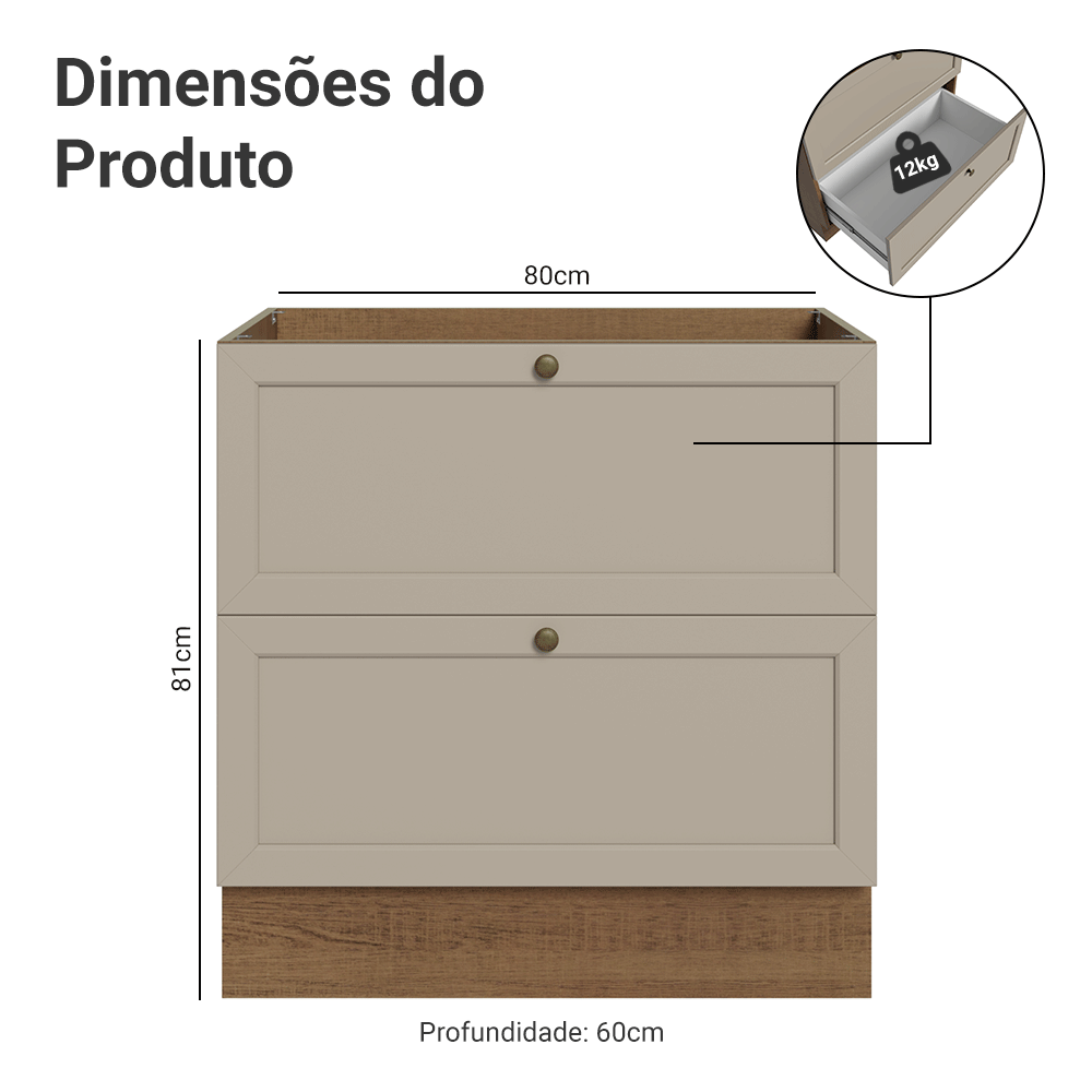 Balcão de Cozinha 80 x 60 cm 2 Gavetas (Sem Tampo) Rustic/Crema Vik Madesa