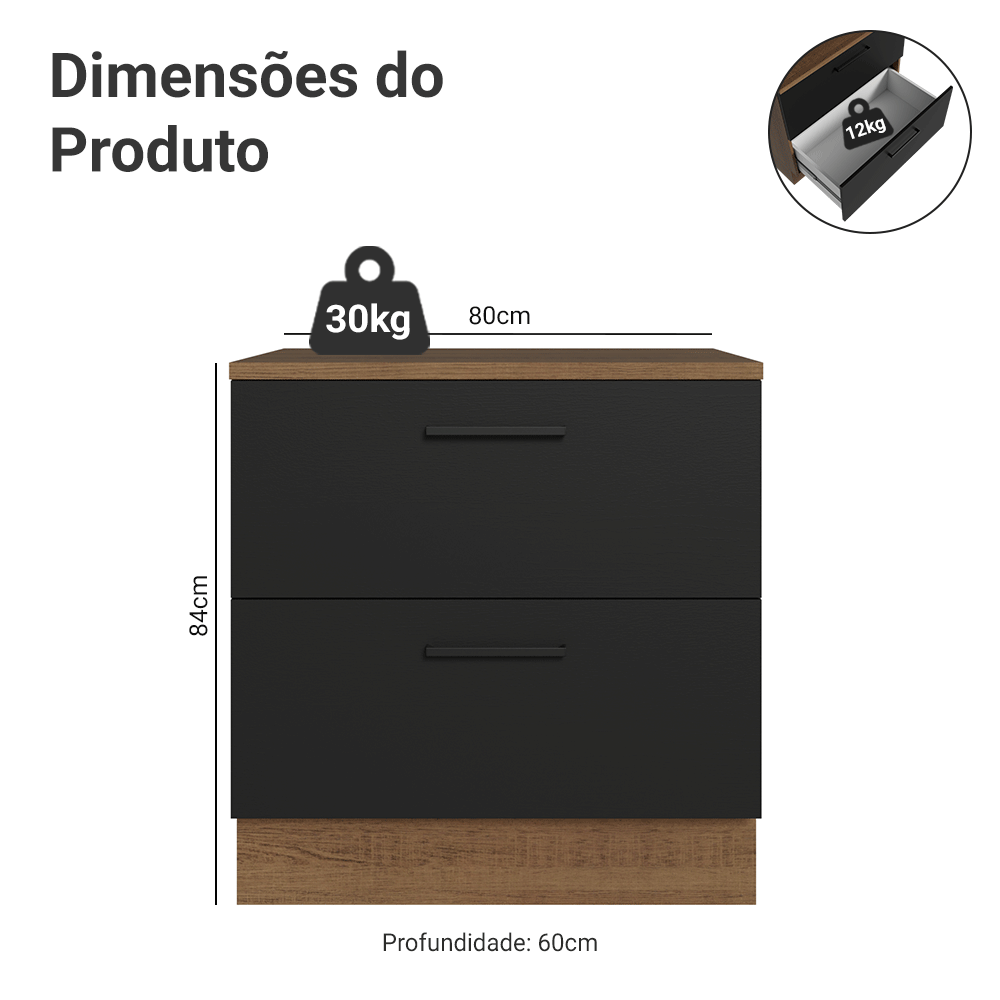 Balcão de Cozinha 80 x 60 cm 2 Gavetas (Com Tampo) Rustic/Preto Agata Madesa