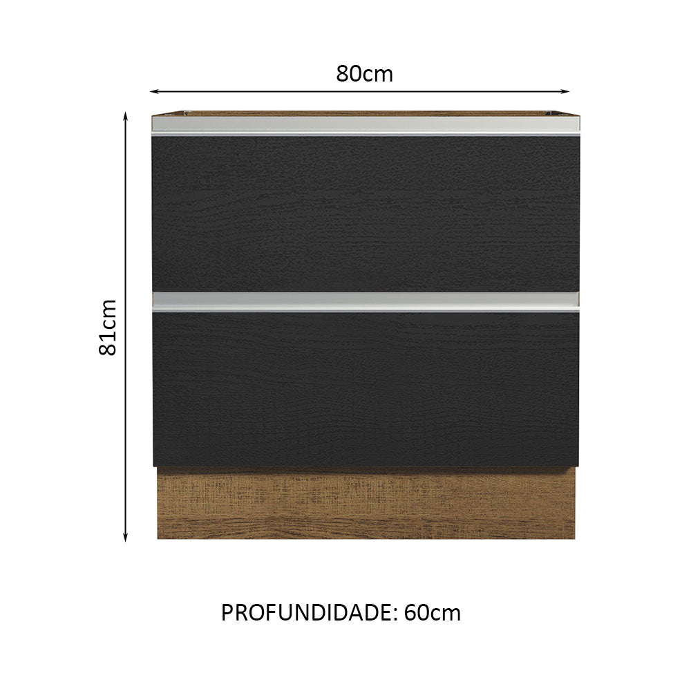 Balcão de Cozinha 80 x 60 cm 2 Gavetas (Sem Tampo) Rustic/Preto Glamy Madesa