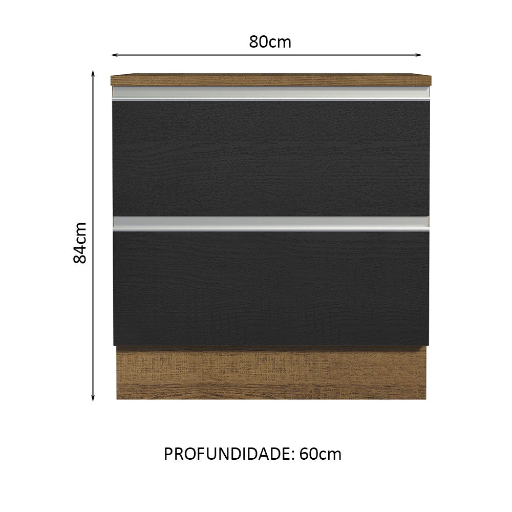 Balcão de Cozinha 80 x 60 cm 2 Gavetas (Com Tampo) Rustic/Preto Glamy Madesa