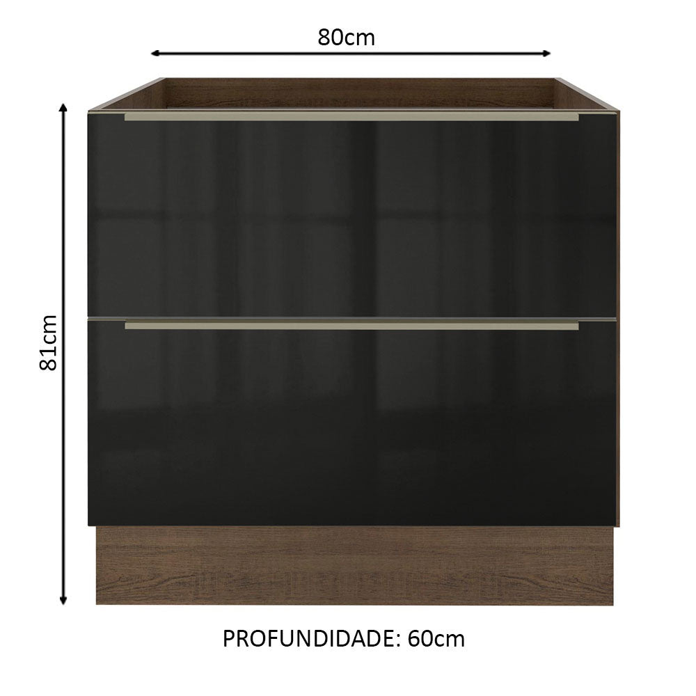 Balcão de Cozinha 80 x 60 cm 2 Gavetas (Sem Tampo) Rustic/Preto Lux Madesa