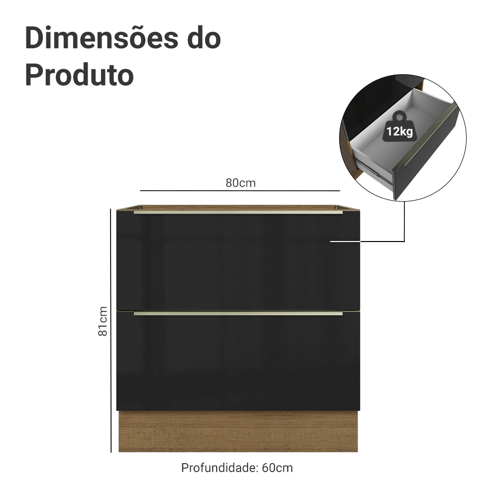 Balcão de Cozinha 80 x 60 cm 2 Gavetas (Sem Tampo) Rustic/Preto Lux Madesa