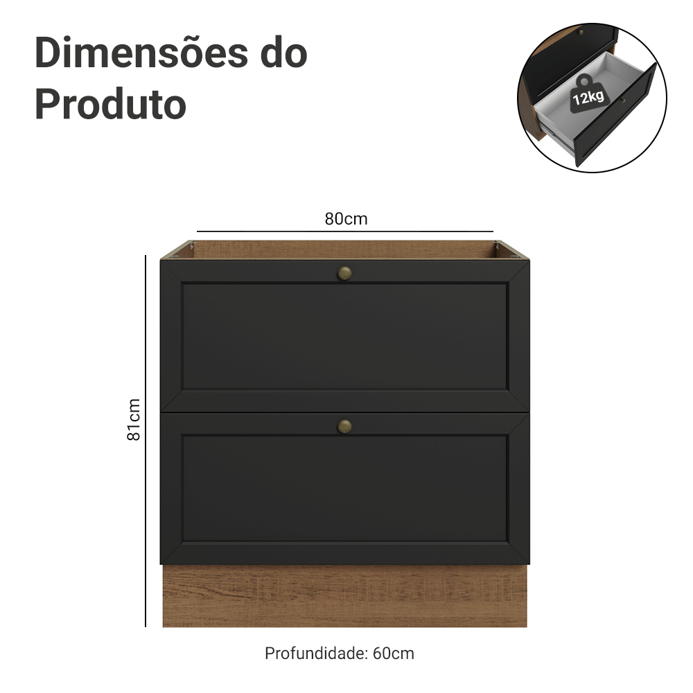 Balcão de Cozinha 80 x 60 cm 2 Gavetas (Sem Tampo) Rustic/Preto Vik Madesa