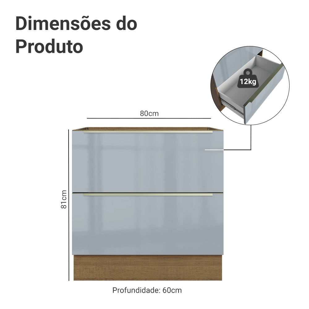 Balcão Madesa Lux 80 cm 2 Gavetas Rustic/Cinza