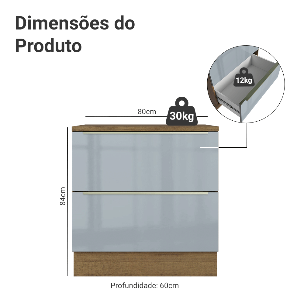 Balcão 80 x 60 cm 2 Gavetas (Com Tampo) Rustic/Cinza Lux Madesa