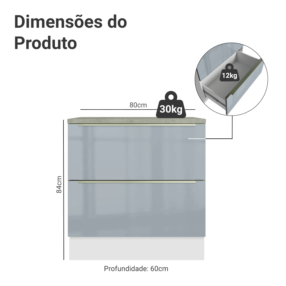 Balcão 80 x 60 cm 2 Gavetas (Com Tampo) Branco/Cinza Lux Madesa
