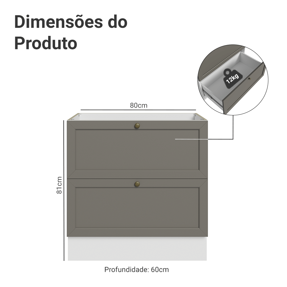 Balcão de Cozinha 80 x 60 cm 2 Gavetas (Sem Tampo) Branco/Cinza Vik Madesa