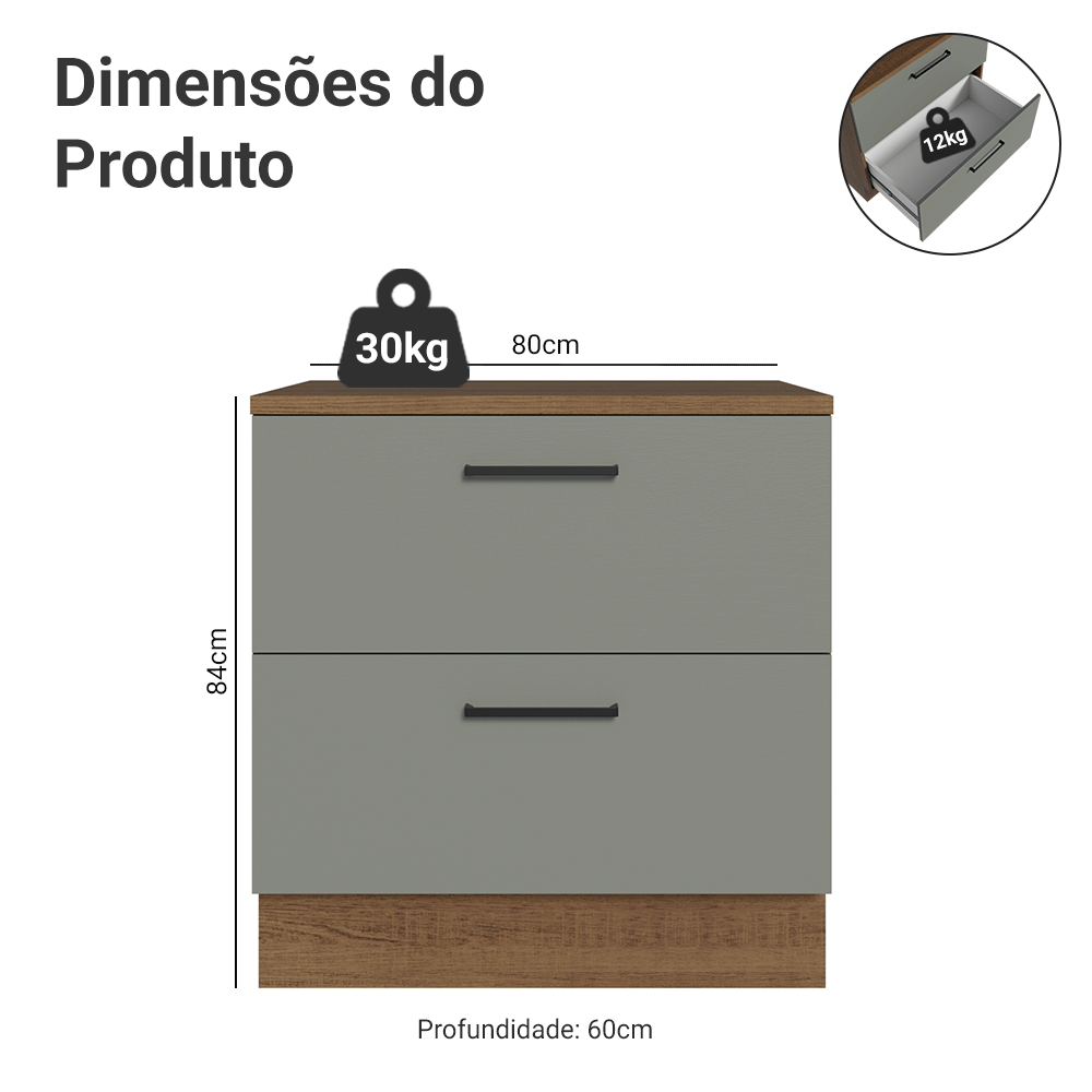 Balcão de Cozinha 80 x 60 cm 2 Gavetas (Com Tampo) Rustic/Cinza Agata Madesa