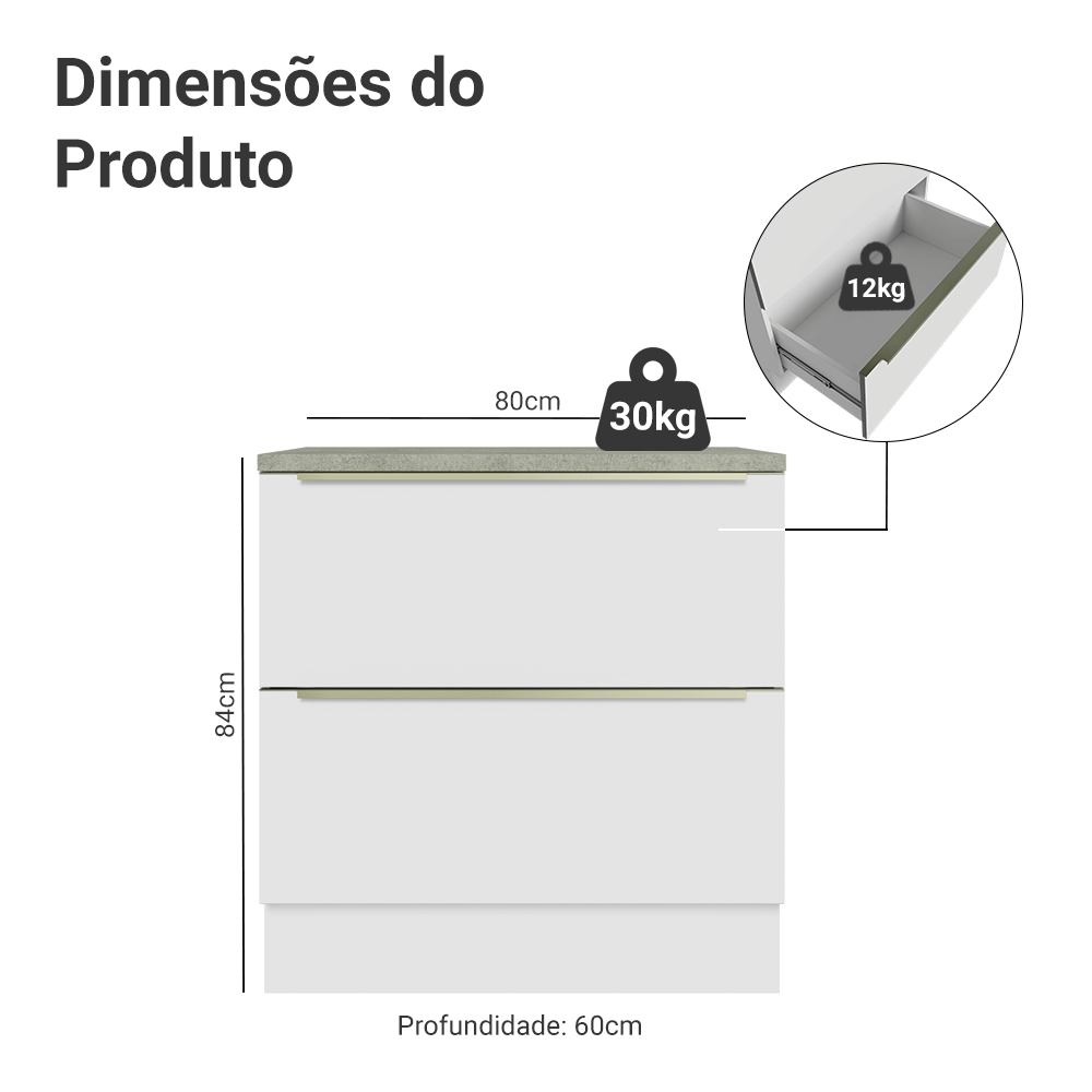 Balcão 80 x 60 cm 2 Gavetas (Com Tampo) Branco/Branco Veludo Lux Madesa