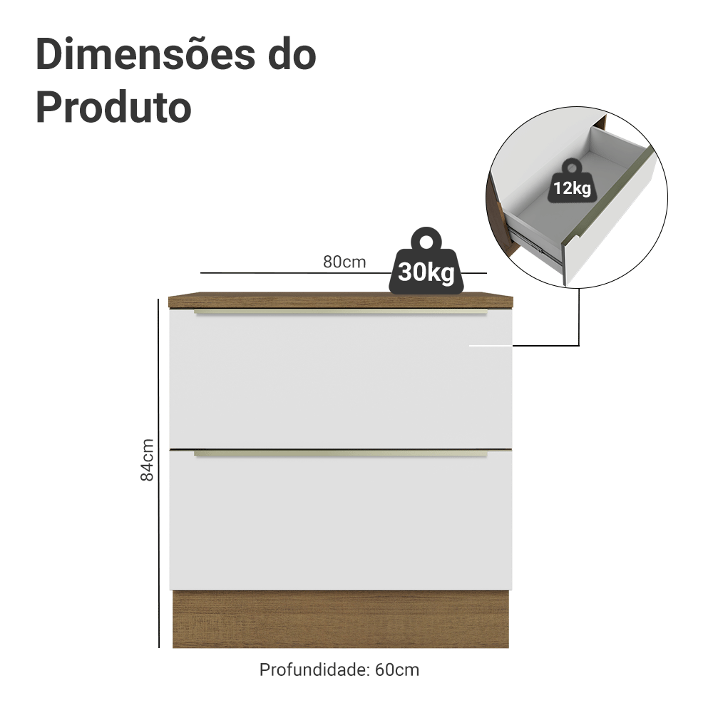 Balcão 80 x 60 cm 2 Gavetas (Com Tampo) Rustic/Branco Veludo Lux Madesa