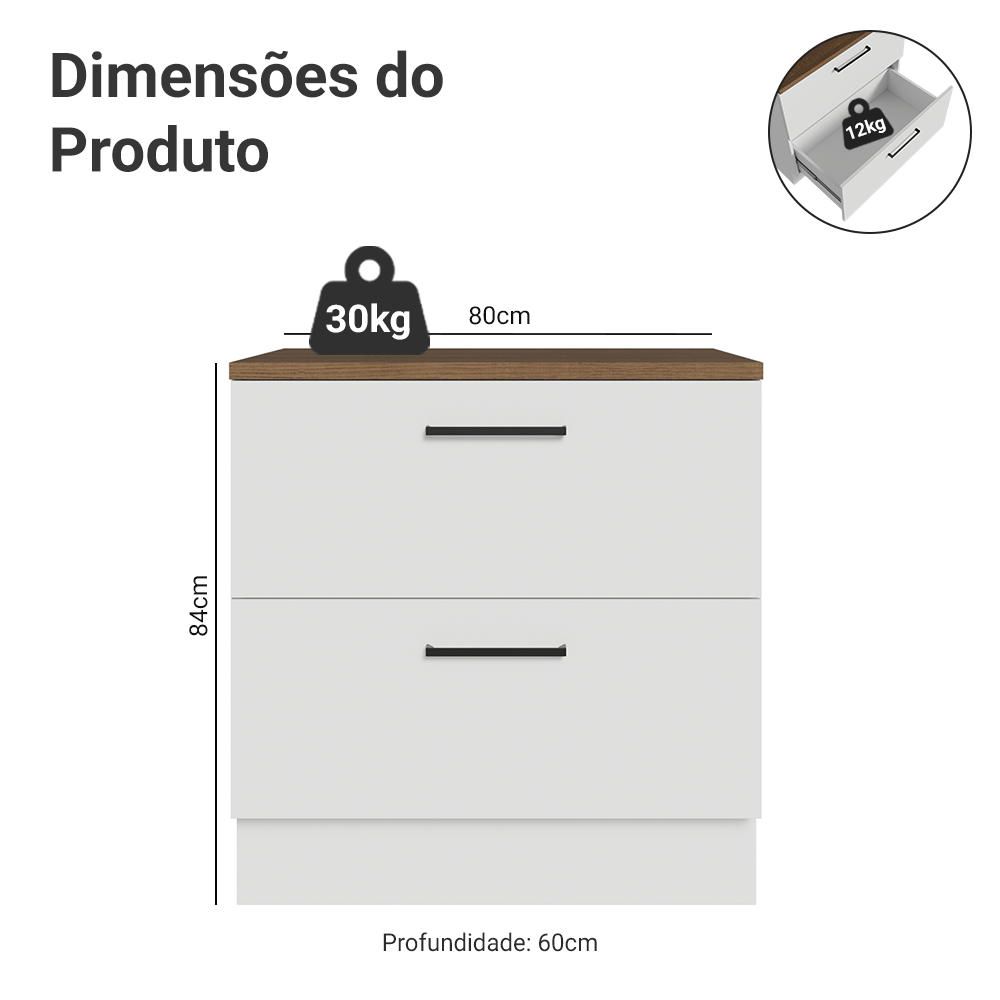 Balcão de Cozinha 80 x 60 cm 2 Gavetas Branco Tampo Rustic Agata Madesa