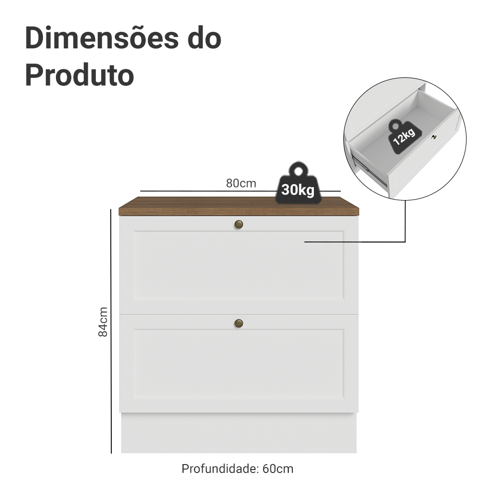 Balcão de Cozinha 80 x 60 cm 2 Gavetas (Com Tampo) Branco/Rustic Vik Madesa